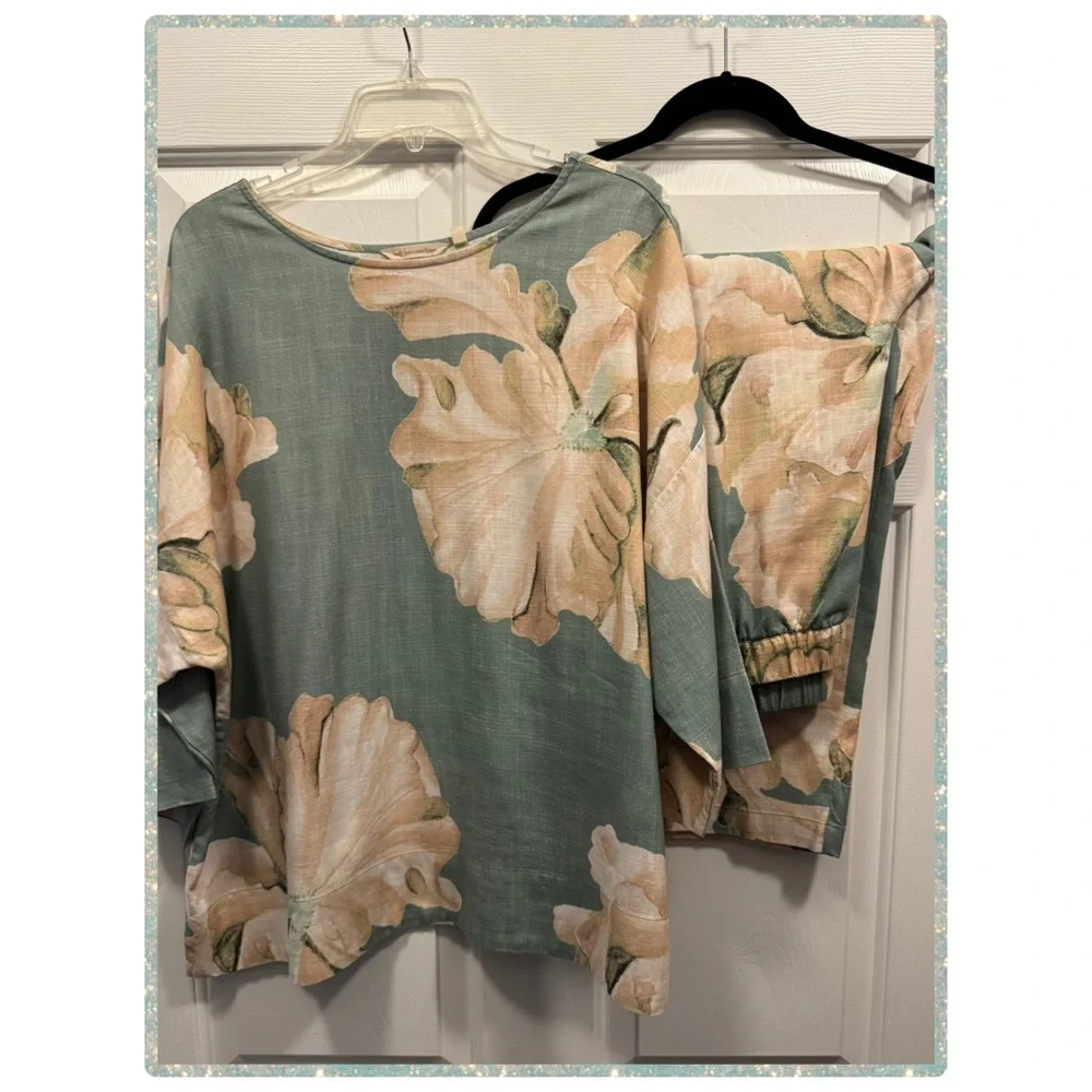 Women’s Top & Pants Set Linen Green Beige Floral - Picture 1 of 10